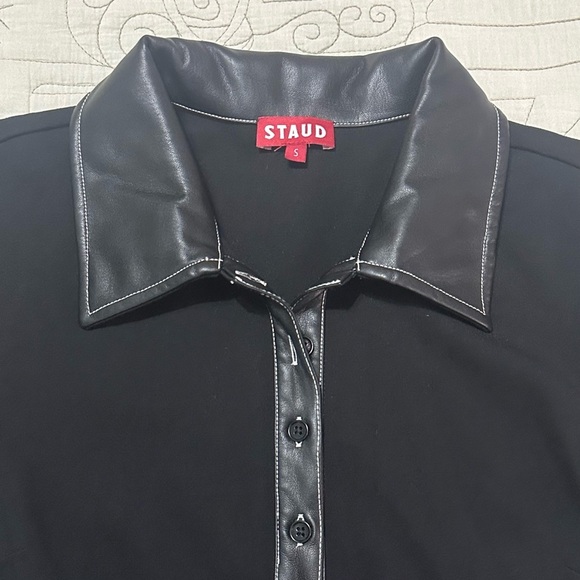 NEW Staud Jay Polo Dress Sz S Black Faux Leather White Contrast Stitch Collar - Picture 5 of 10